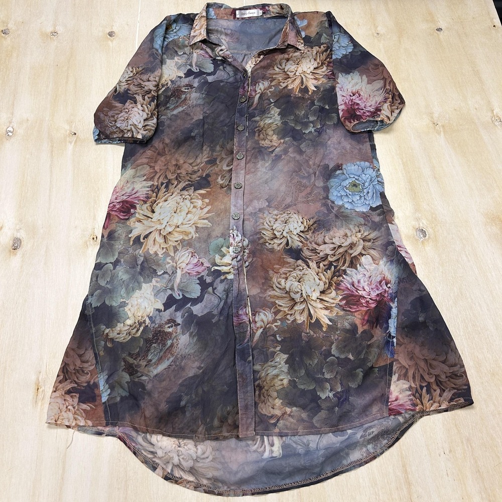 Simply Couture Dress Womens XL Multicolor Floral Sheer Button Front Knee Length